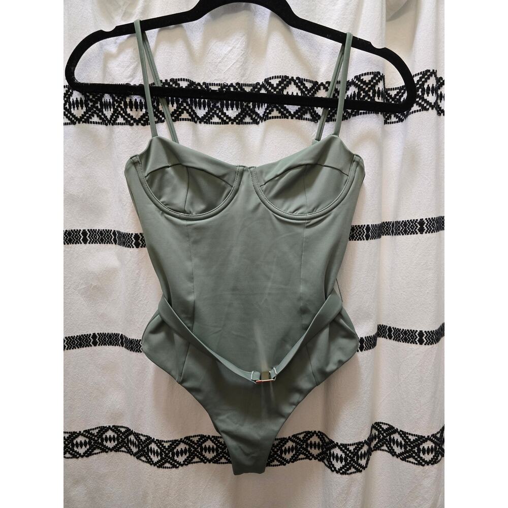 NWT Milly Cabana solid green one-piece bustier open‎ back belted swimsuit size P